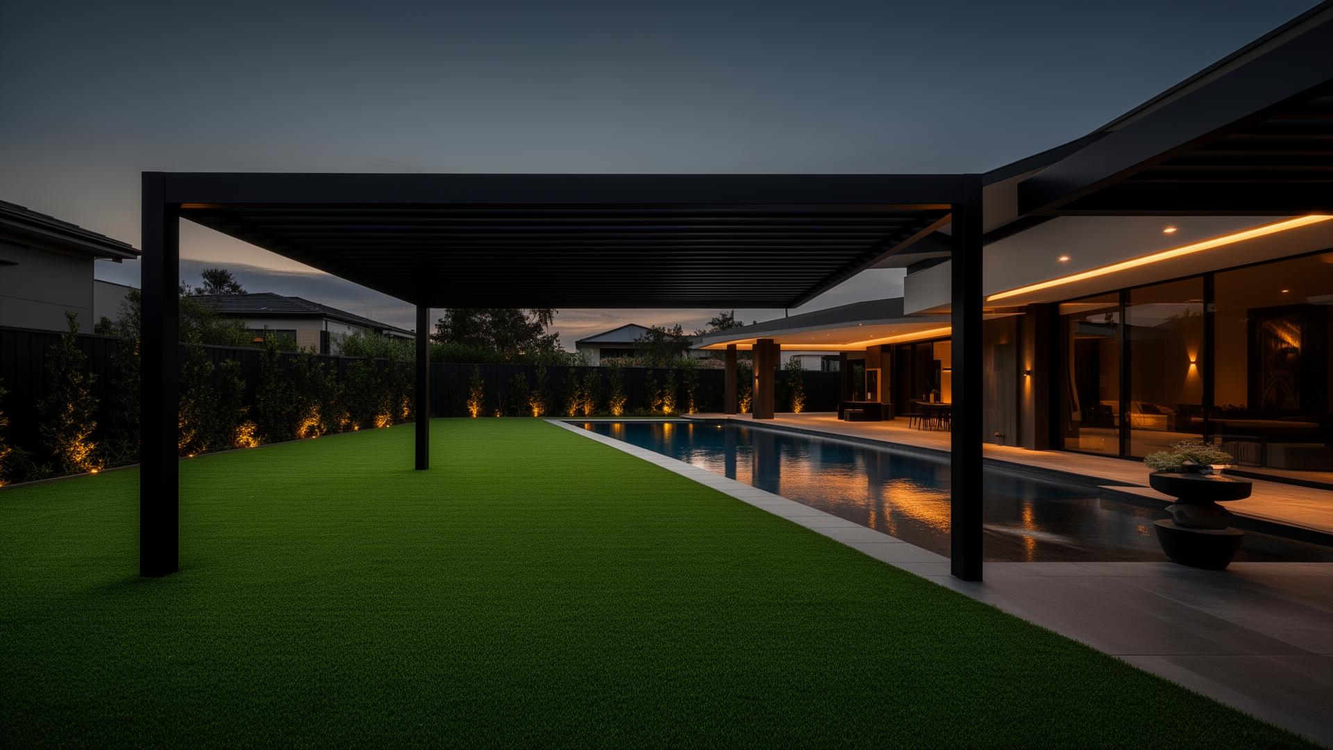 Luxury outdoor living space with pergola, turf, and pool